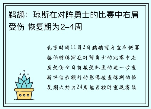 鹈鹕：琼斯在对阵勇士的比赛中右肩受伤 恢复期为2-4周