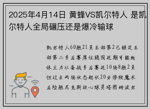 2025年4月14日 黄蜂VS凯尔特人 是凯尔特人全局碾压还是爆冷输球